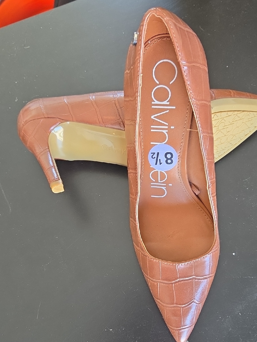 Calvin Klein Tan Croc-Embossed Pointed-Toe Pumps